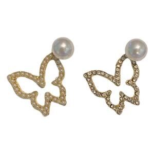 Butterfly Gold Tone Diamond & Pearl Earrings